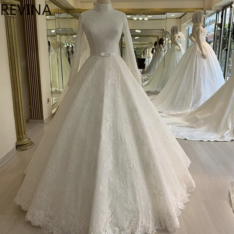 

Elegant A-line Muslim Wedding Dress with Lace High Neckline Long Sleeved Bridal Gown for Women Vestido De Noiva Customized
