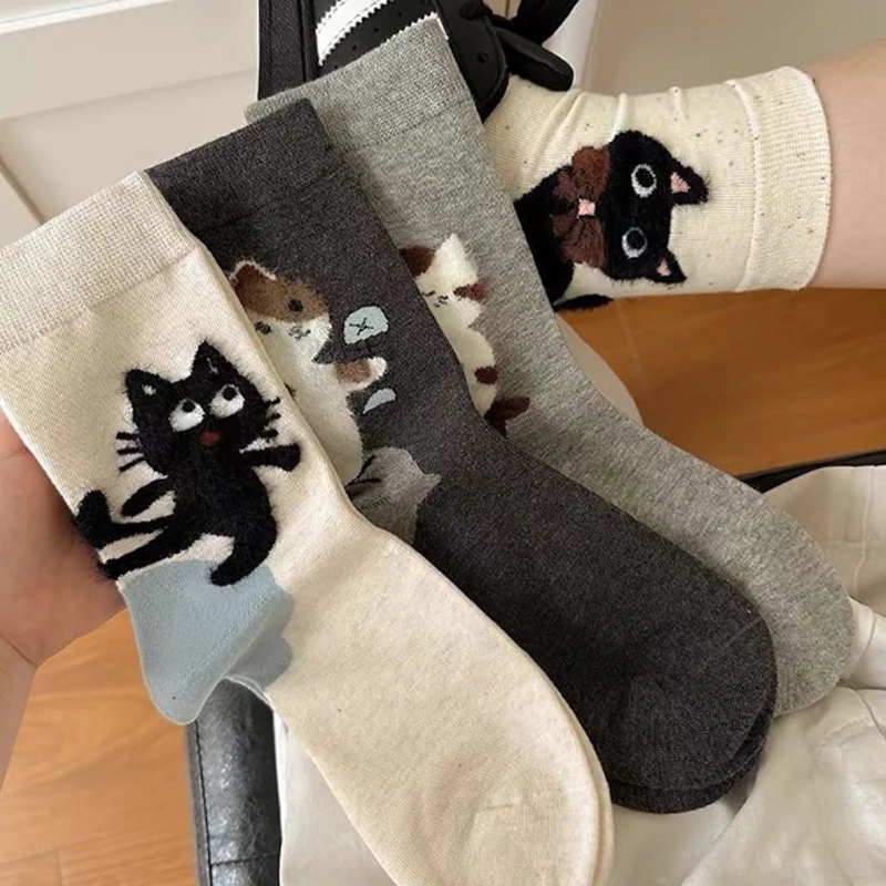 

1/4 пары кавайных носков с принтом кошек, женские хлопковые носки до середины икры с забавным мультяшным животным узором, повседневные мягкие теплые зимние носки для экипажа