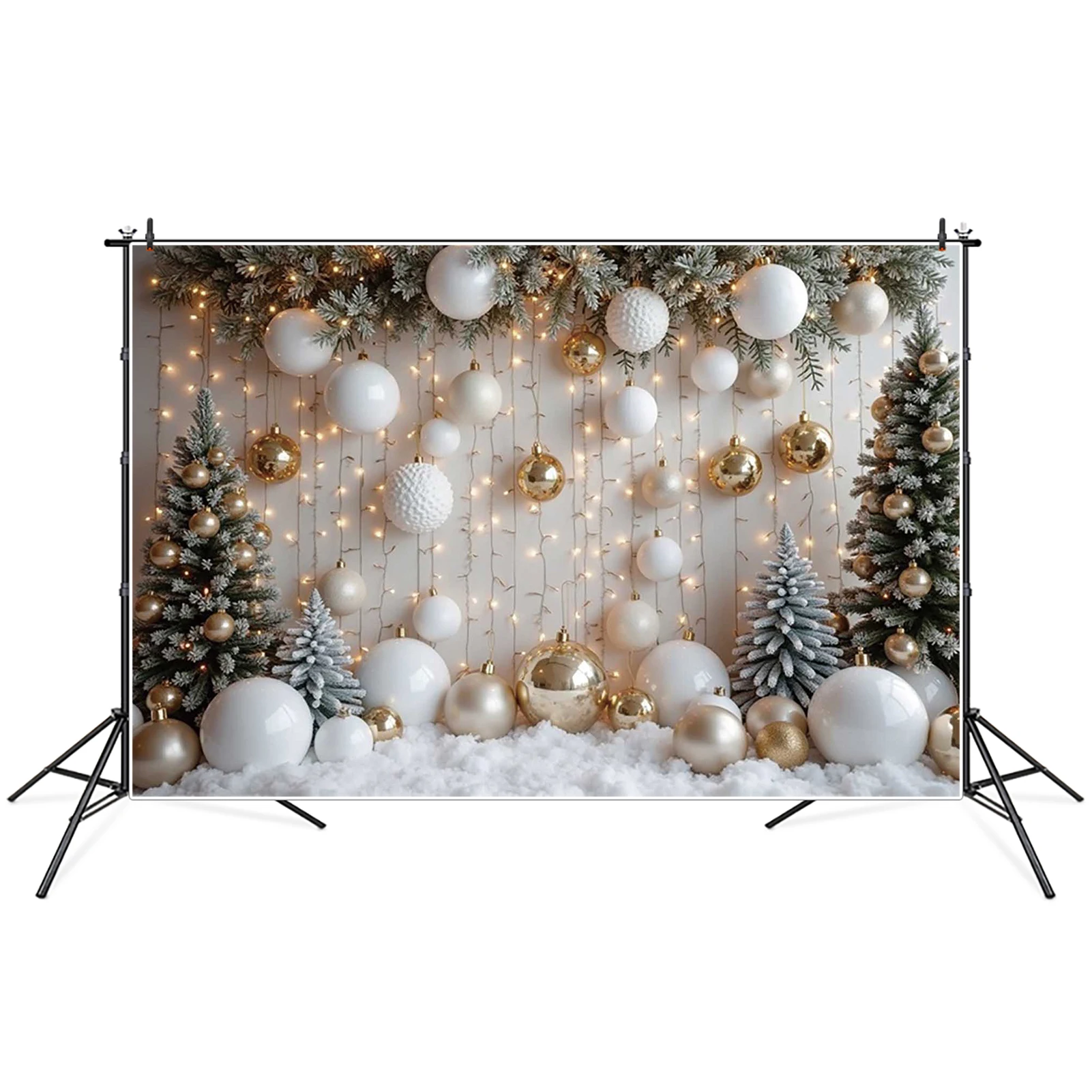 

MOON.QG String Lights Christmas Photography Backdrop White Wooden Pine Baubles Photozone Background Baby Studio Photobooth Props