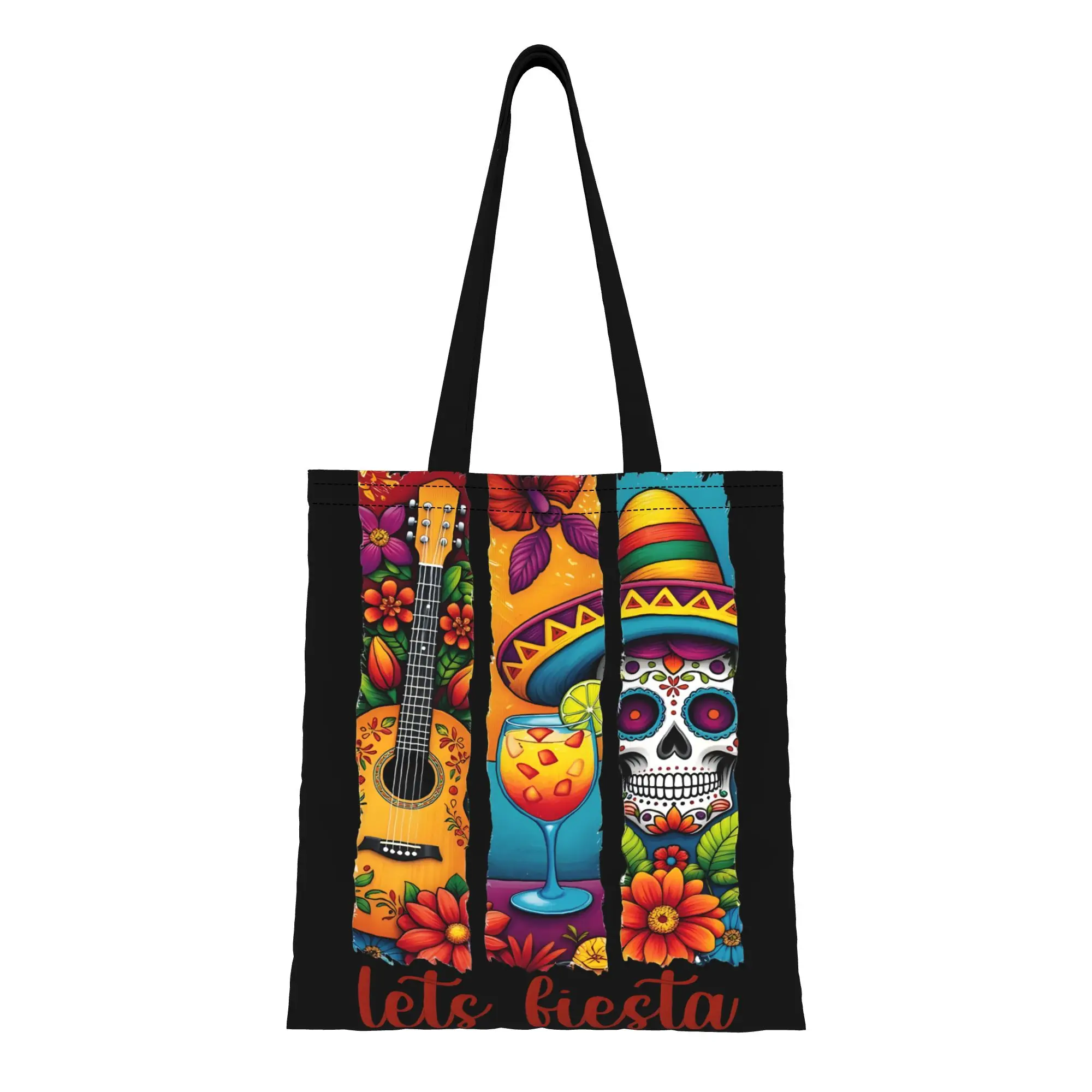 1PC Large Capacity Lets Fiesta Cinco De Mayo Canvas Tote Bag Foldable Chic Pattern No Closed Design