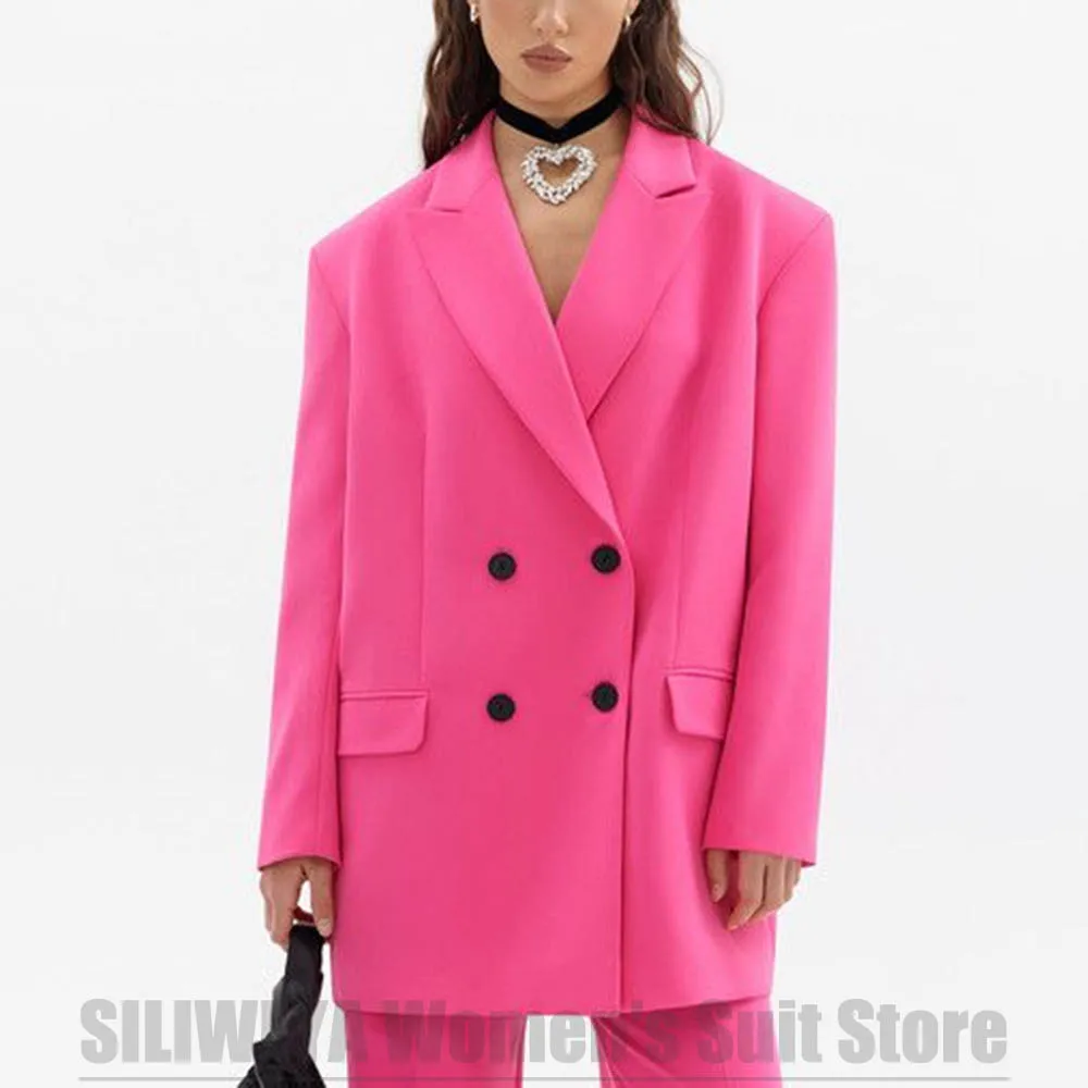 Women's Suit Double Breasted Long Sleeves Outfit Oversized Fit Solid Color Casual Office Lady Party Two Piece (Blazer+Pants)