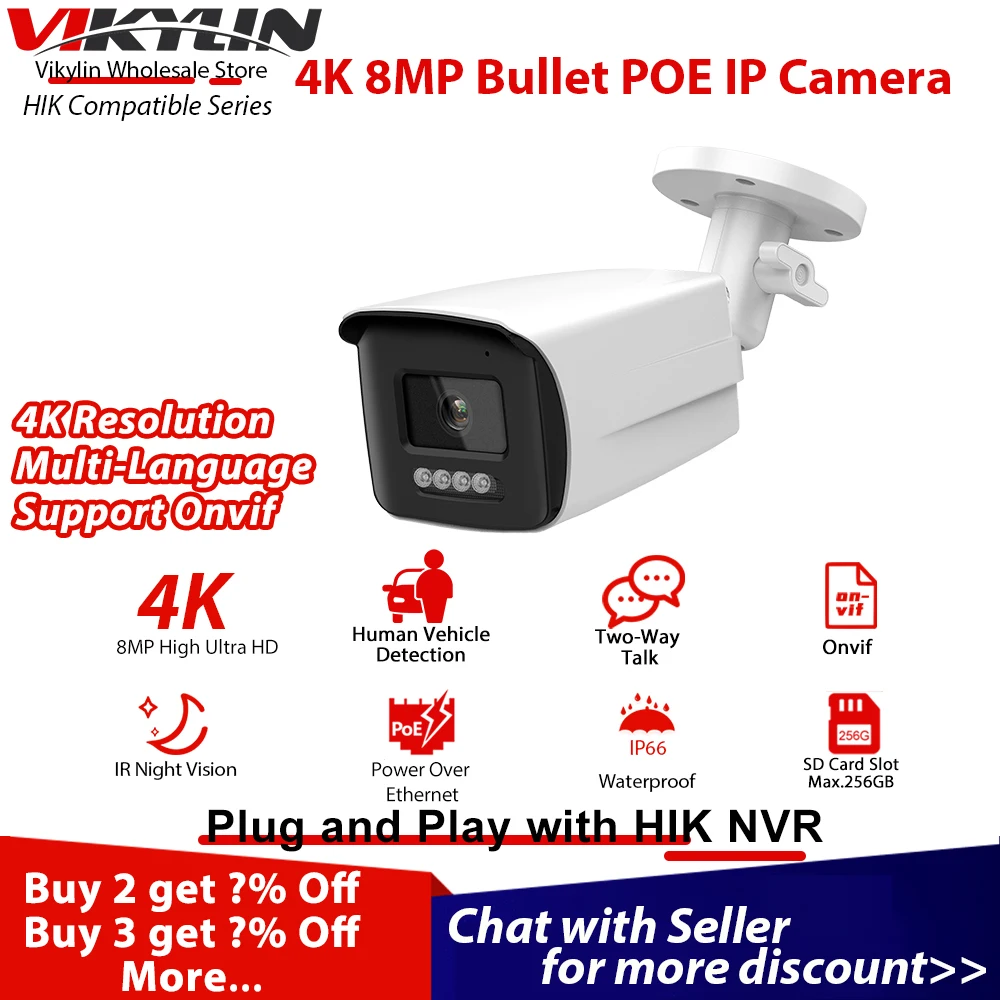 Vikylin 4K 8MP IR Night Vision IP Camera for Hikvision Compatible Human Vehicle Detection Two way Audio POE Security Camera CCTV