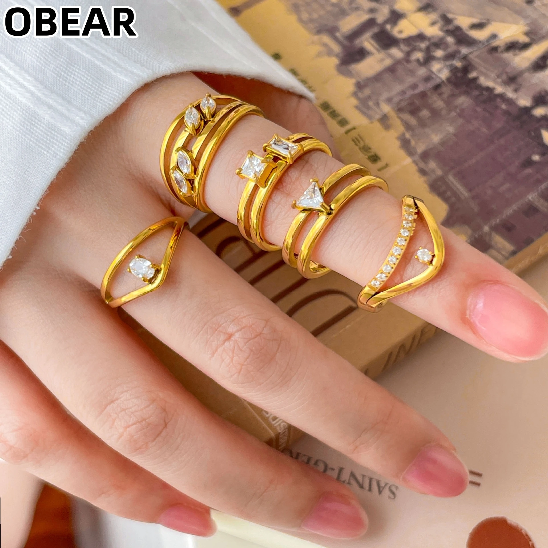 Waterproof 18K Gold Plated Stainless Steel Multi Layer Hollow Cubic Zirconia Stackable Rings Women Minimalist Finger Jewelry