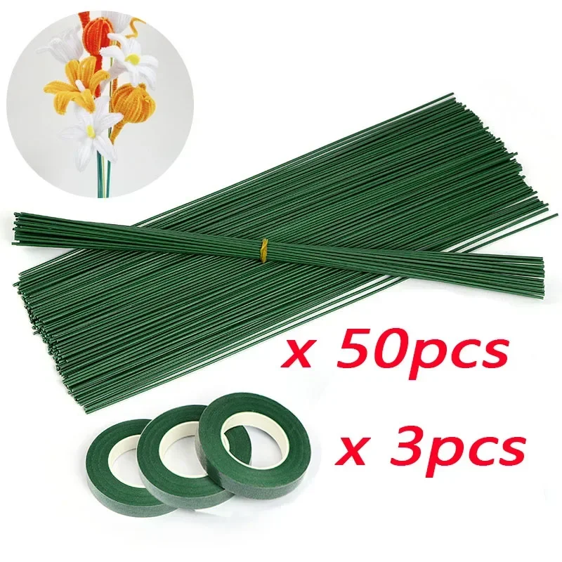 Künstlicher Blumenstiel Draht Blumenstange für DIY Chenille-Stiele Stab Simulationsblumenmaterial mit grünem Floristikband – Detail 7