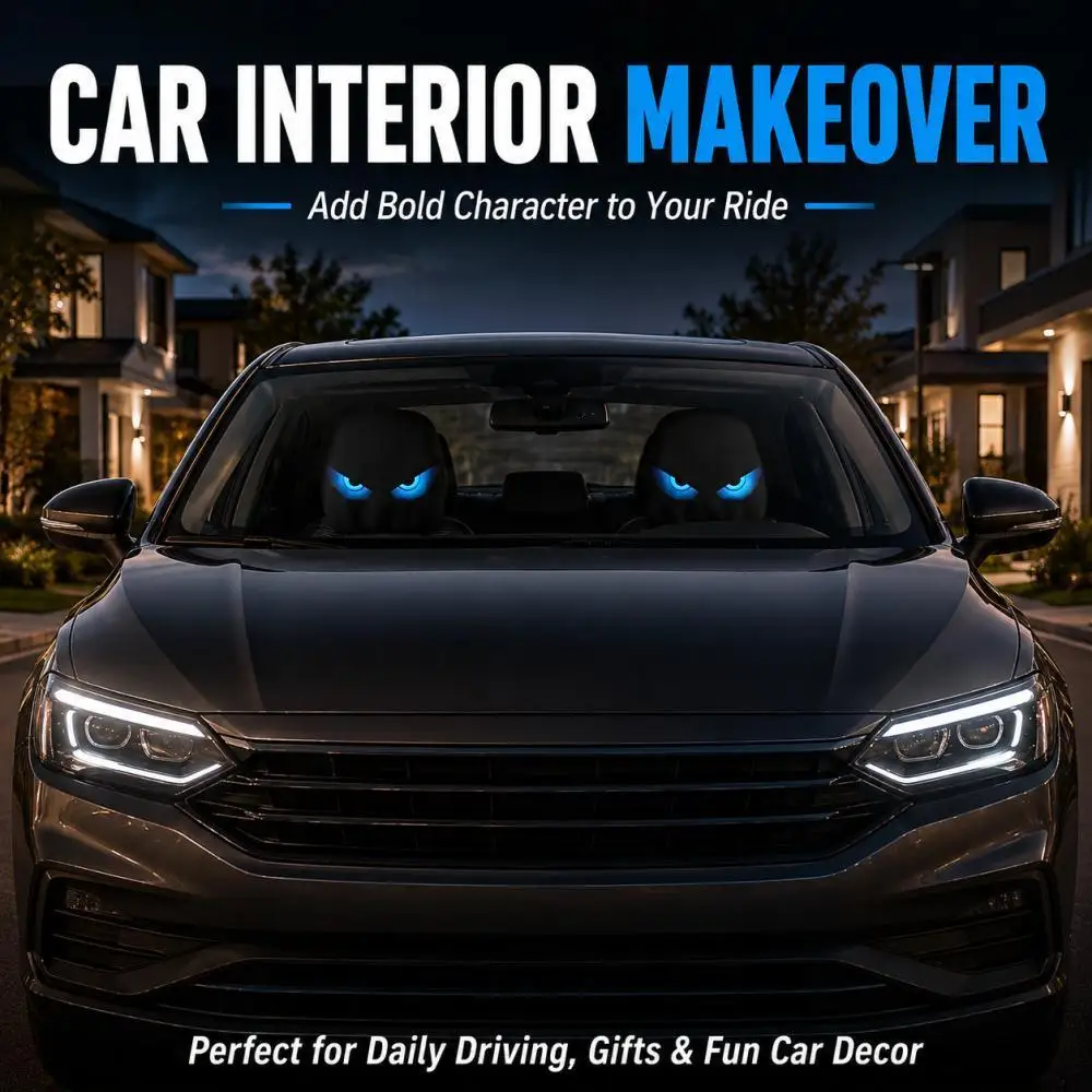 2 Pieces Cool Glowing Blue Evil Eyes Car Headrest Covers Spooky Scary Eye Novelty Fun Car Interior Decor for Halloween Pranks