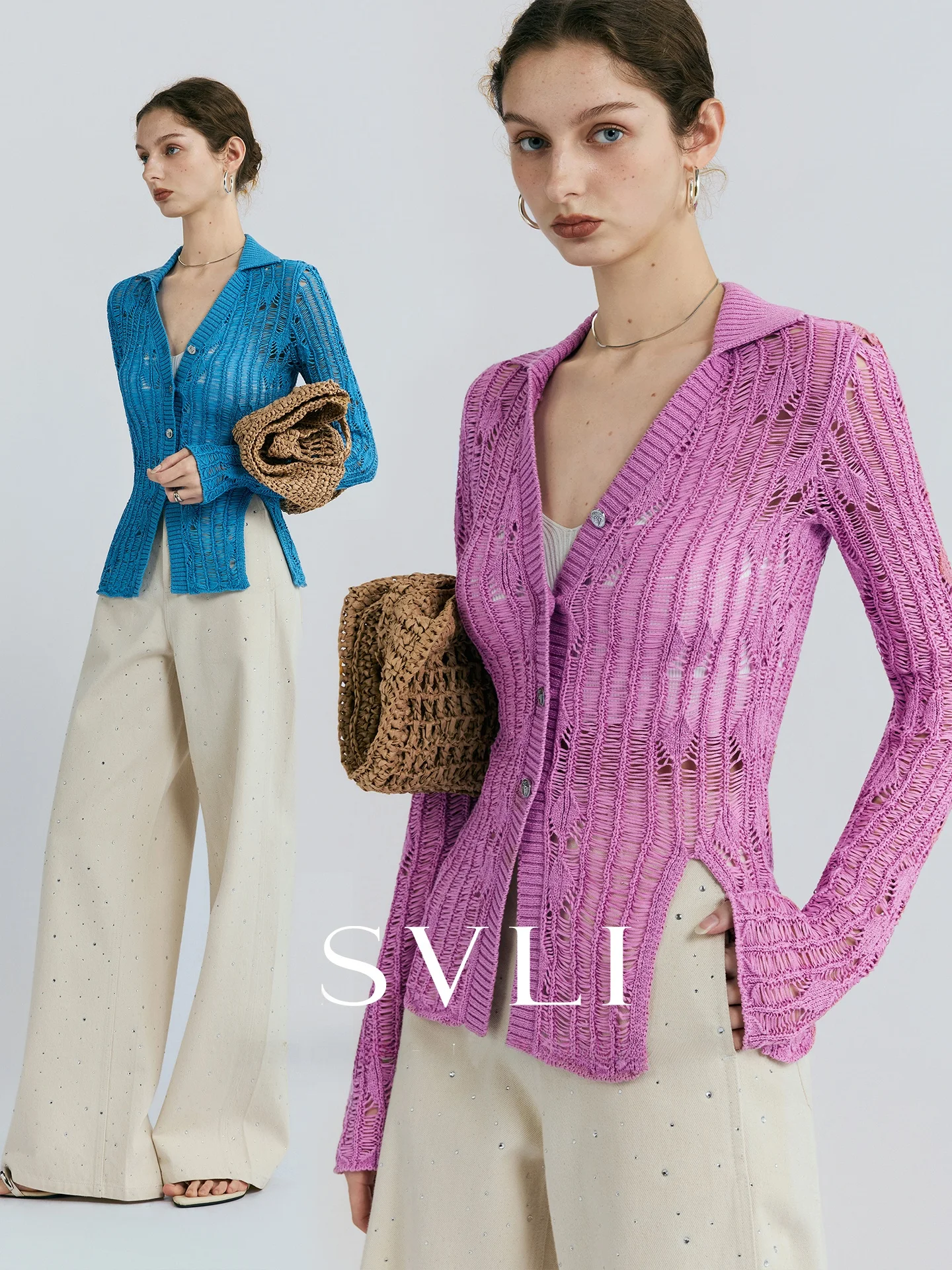 

Vacation Feel Knitted V-Neck Open Cardigan Hollow out Long Sleeve Sleeveless Strap Design Breathable Fashionable Women's Sweater