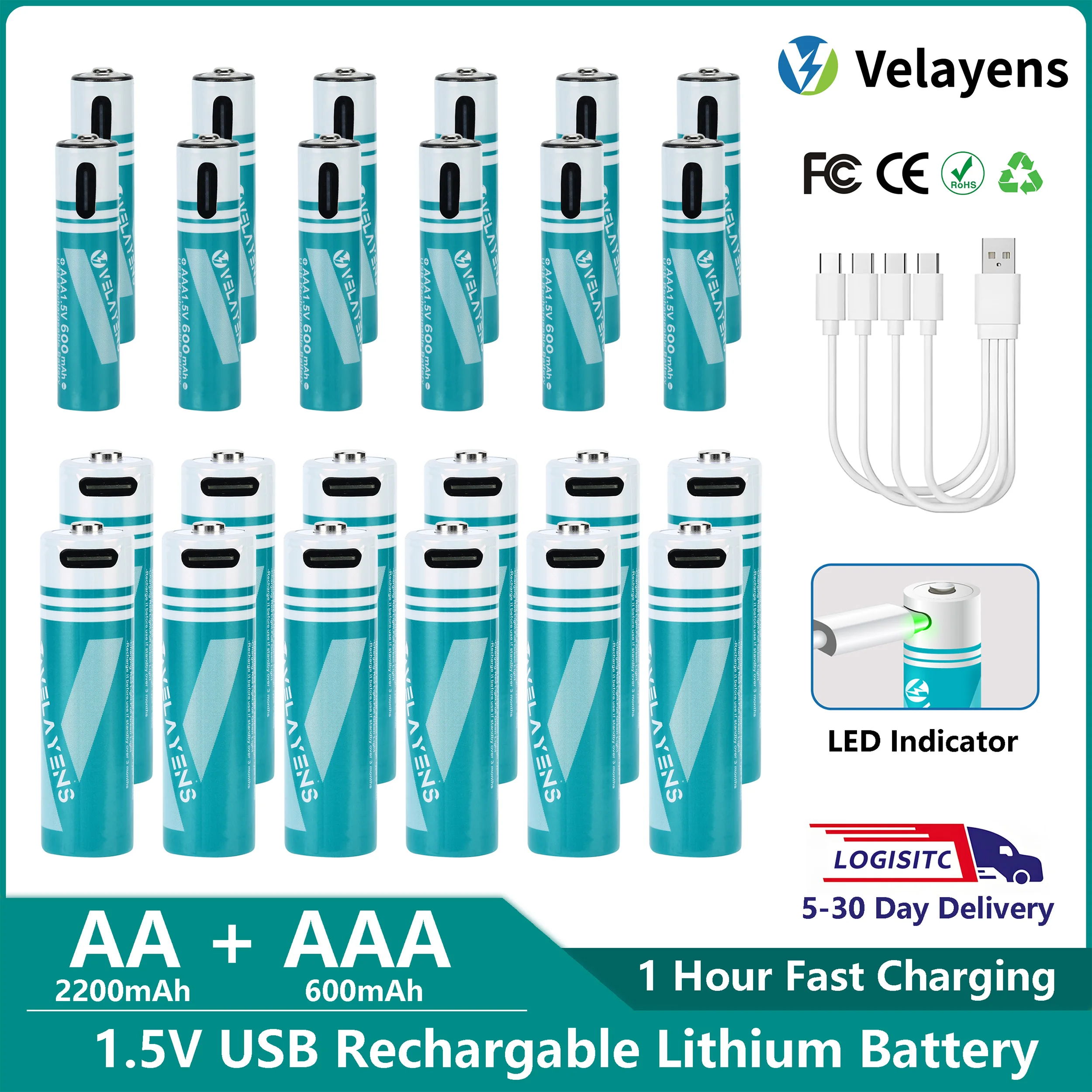 1.5V USB Rechargable Lithium Battery AA 2200mAh + AAA 600mAh Actual Capacity Fast Charging 2000+ Charge Cycles