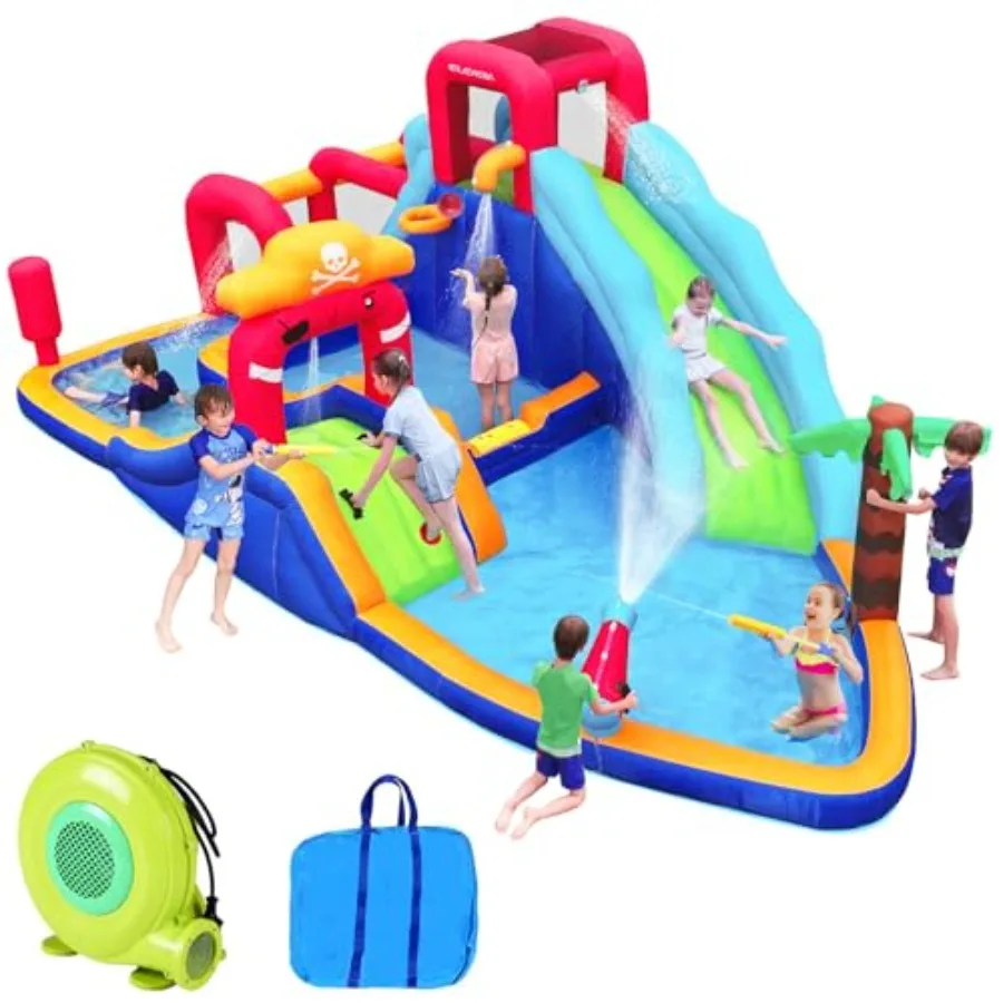 

Надувной водный комплекс 10 в 1: горка, батут, 2 горки, 2 стены для скалолазания, 2 водные пушки, гигантский бассейн с глубоким дном, с воздуходувкой