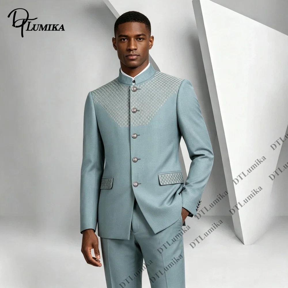 Men Mandarin Collar Suit 2 Piece Set Check Jacquard Embroidery Blazer Pants Luxury Wedding Groom Formal Suit Business Outfit