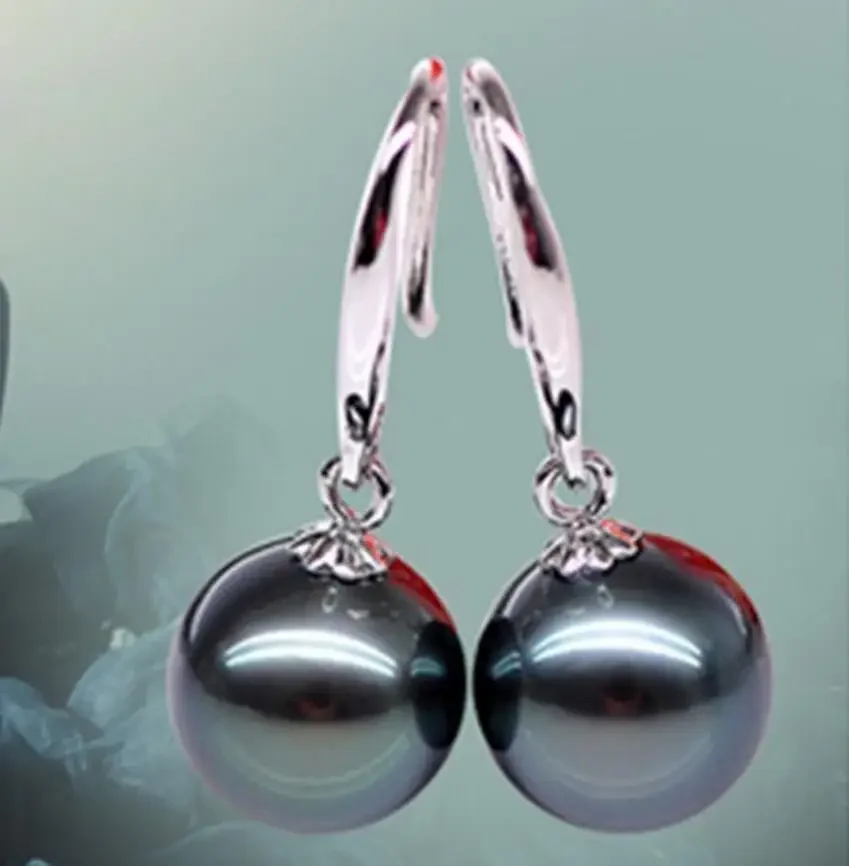 

hot sell new - 10mm Genuine Black South Sea Shell Pearl Sterling Silver Dangle Earrings AAA