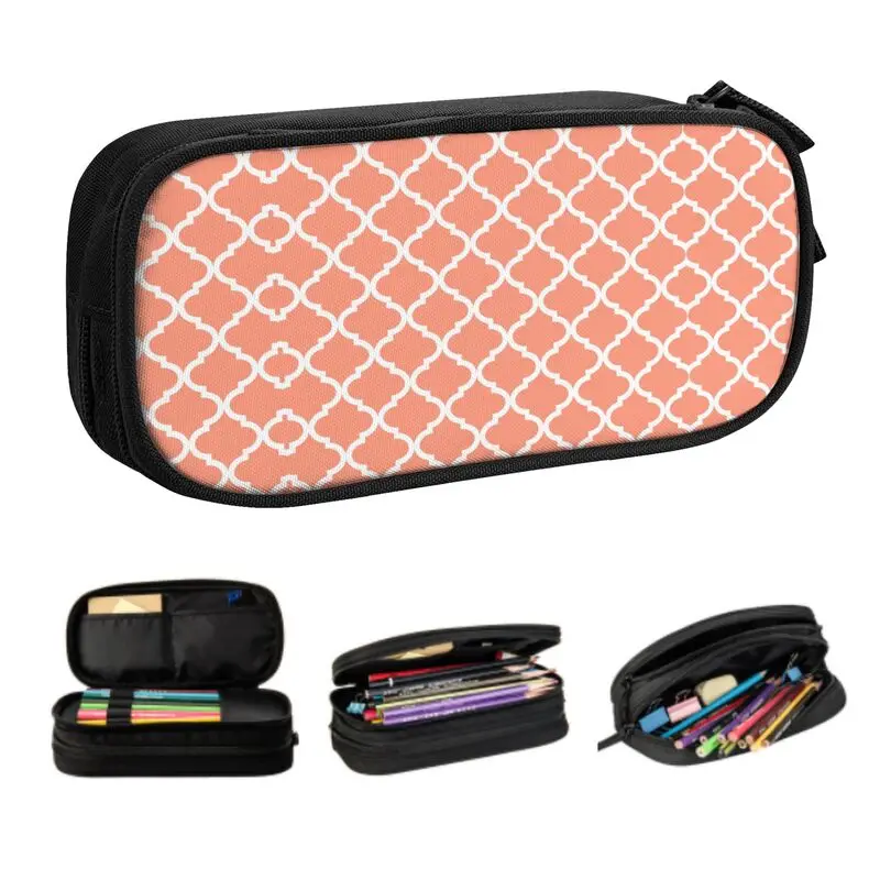 Coral Pink White Quatrefoil Pattern Korean Pencil Case Girl Boy Big Capacity Geometric Abstract Pencil Pouch Students Stationery