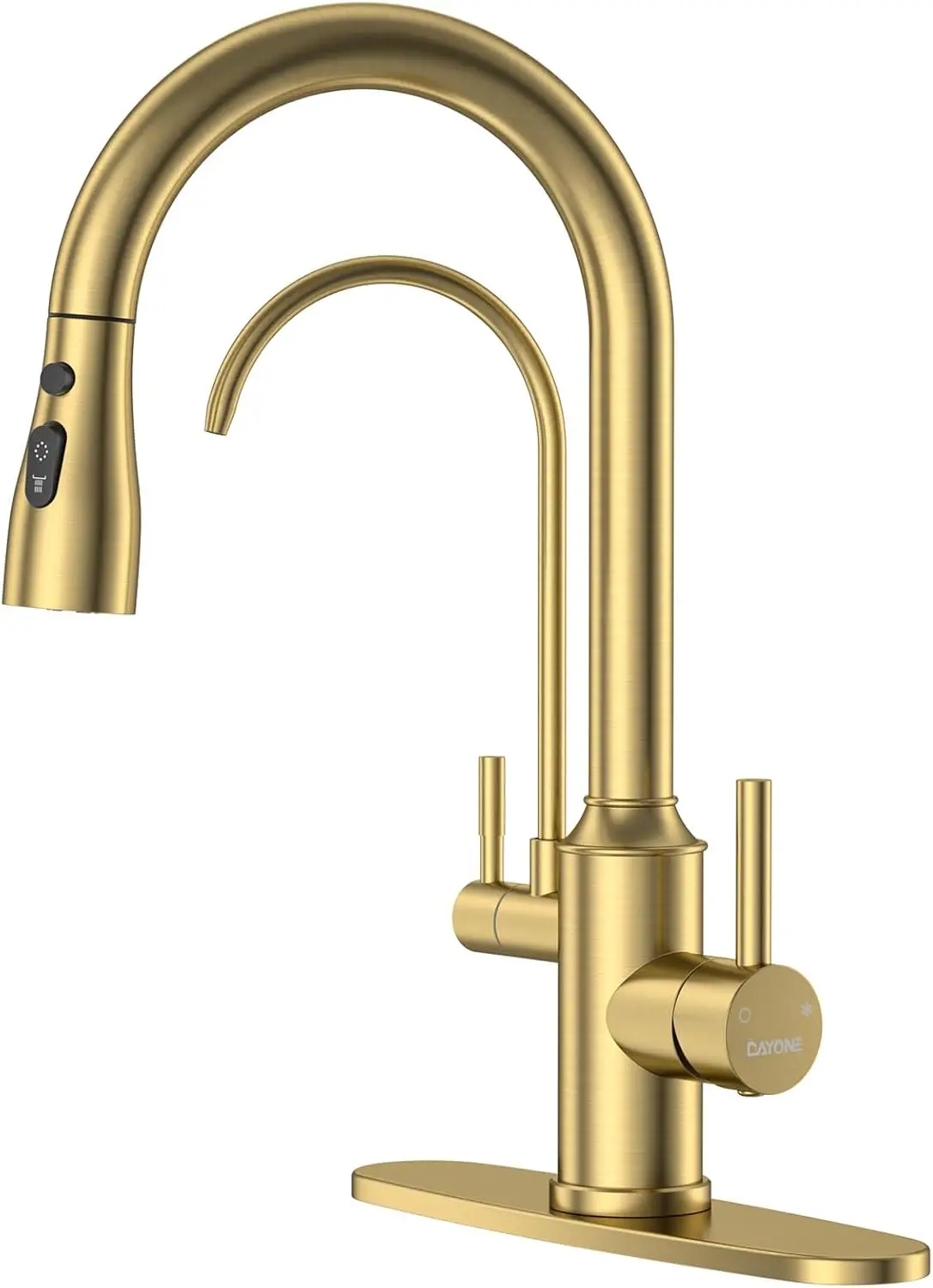 

Золотой смеситель для кухни, смеситель для раковины 3-в-1 из нержавеющей стали с выдвижным распылителем, 2 ручки, высокая дуга, 1 отверстие, для очищенной воды