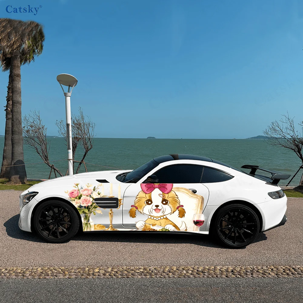 

Cute Shih Tzu Dog Dinner Car Vinyl Wraps Decal Self-adhesive PVC Sticker Suitable for Trucks SUV Decor Auto Accessories Gift