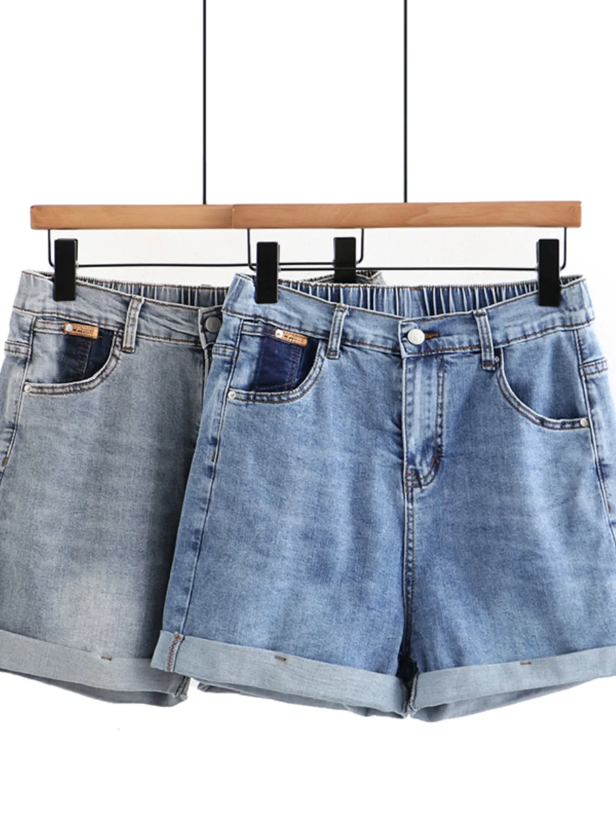 Summer New Fashion High Waist Shorts Women's Jeans High Waist Cotton Stretch Denim Pocket Label Large Size Cuffed Short Pants