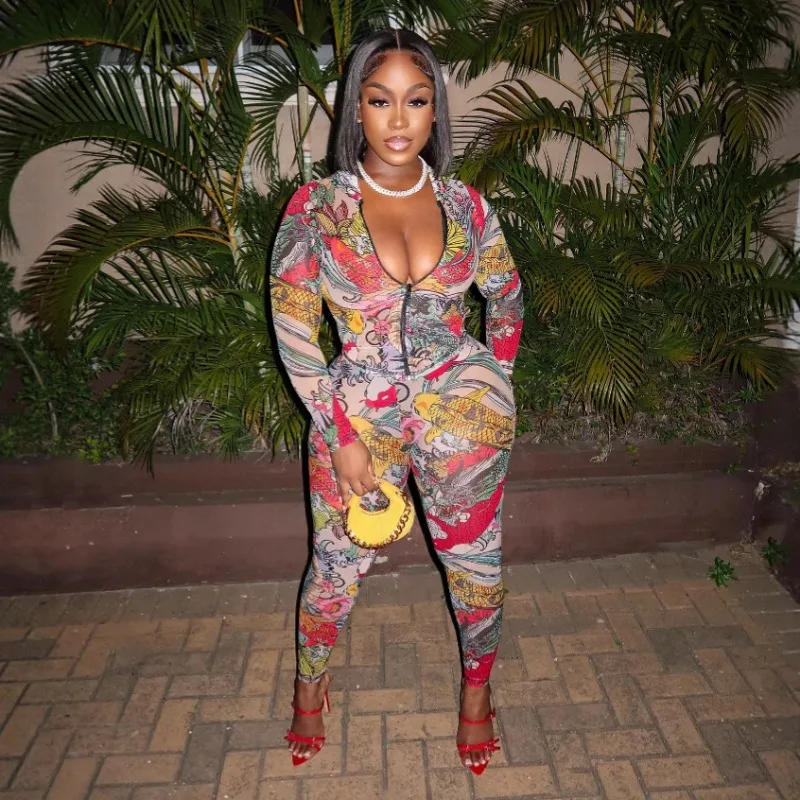 

Floral Print See Through Mesh 2 Piece Set Women Tracksuit Long Sleeve Zipper Hooded Sweatshirts Top + Pencil Pants Clubwear Suit