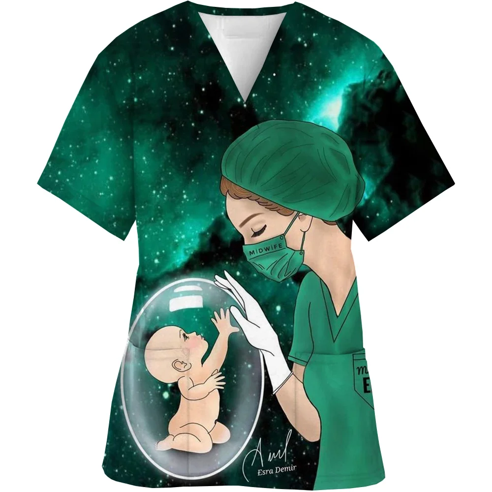 Obstetric nurses, pediatric nurses, uniform, short sleeved V-neck top, healthy waist pocket shirt for women