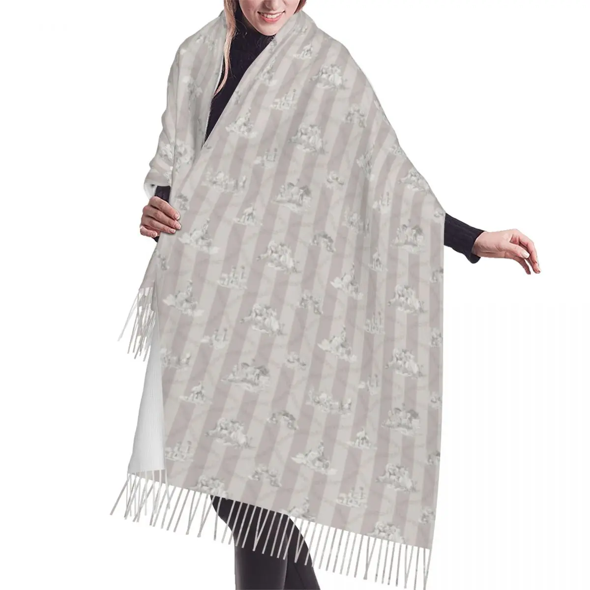 French Toile De Jouy Stripes Grey Graphite Tassel Scarf Women Soft Traditional France Art Shawl Wrap Female Winter Fall Scarves