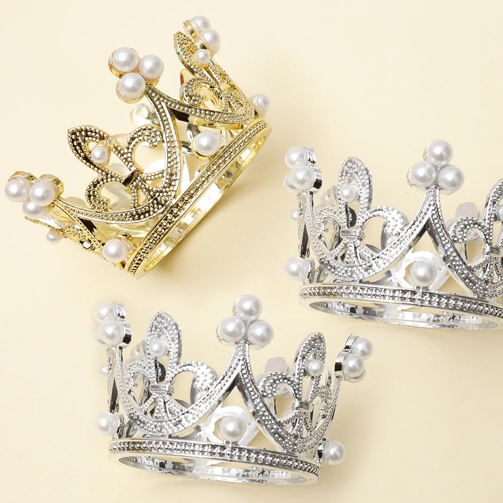 Mini Crown Cake Decoration Princess Topper Crystal Pearl Tiara Children Hair Ornaments Wedding Birthday Party Cake Decoration