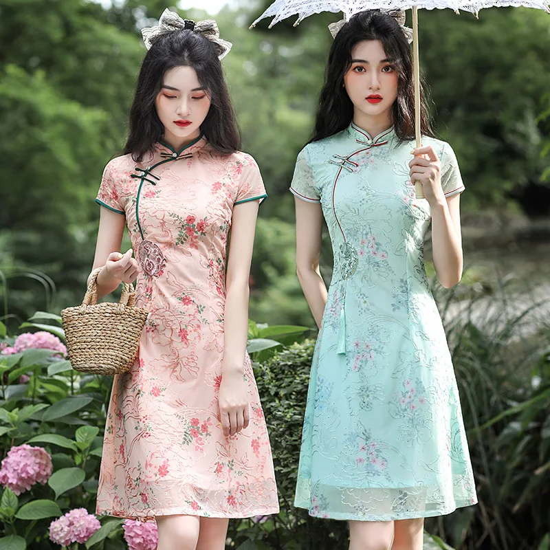 

Women Chiffon Embroidery Party Dress Summer Short Sleeve Lady Qipao Chinese Traditional Gorgeous Sexy Cheongsam
