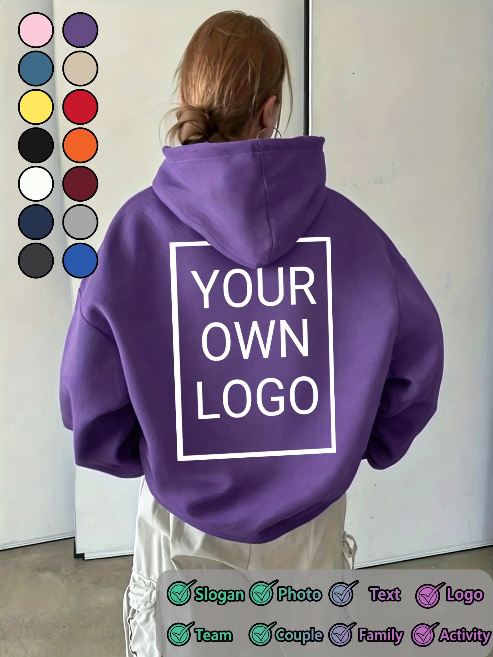 Customized Double Sided Logo Text Women Hoodies Hip Hop Pocket Hoody Loose Casual Sportswears Fleece Y2K Woman Autumn Clothes