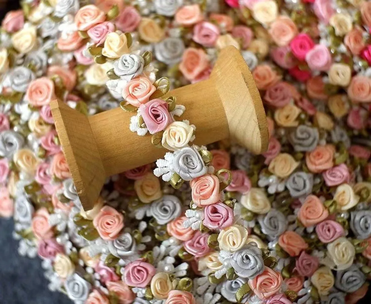 1Yard 2.5CM Wide Embroidery Rose Flower Beaded Lace Ribbon for Fringe Trim Braid Decor Crafts Applique Collar Sewing Materials