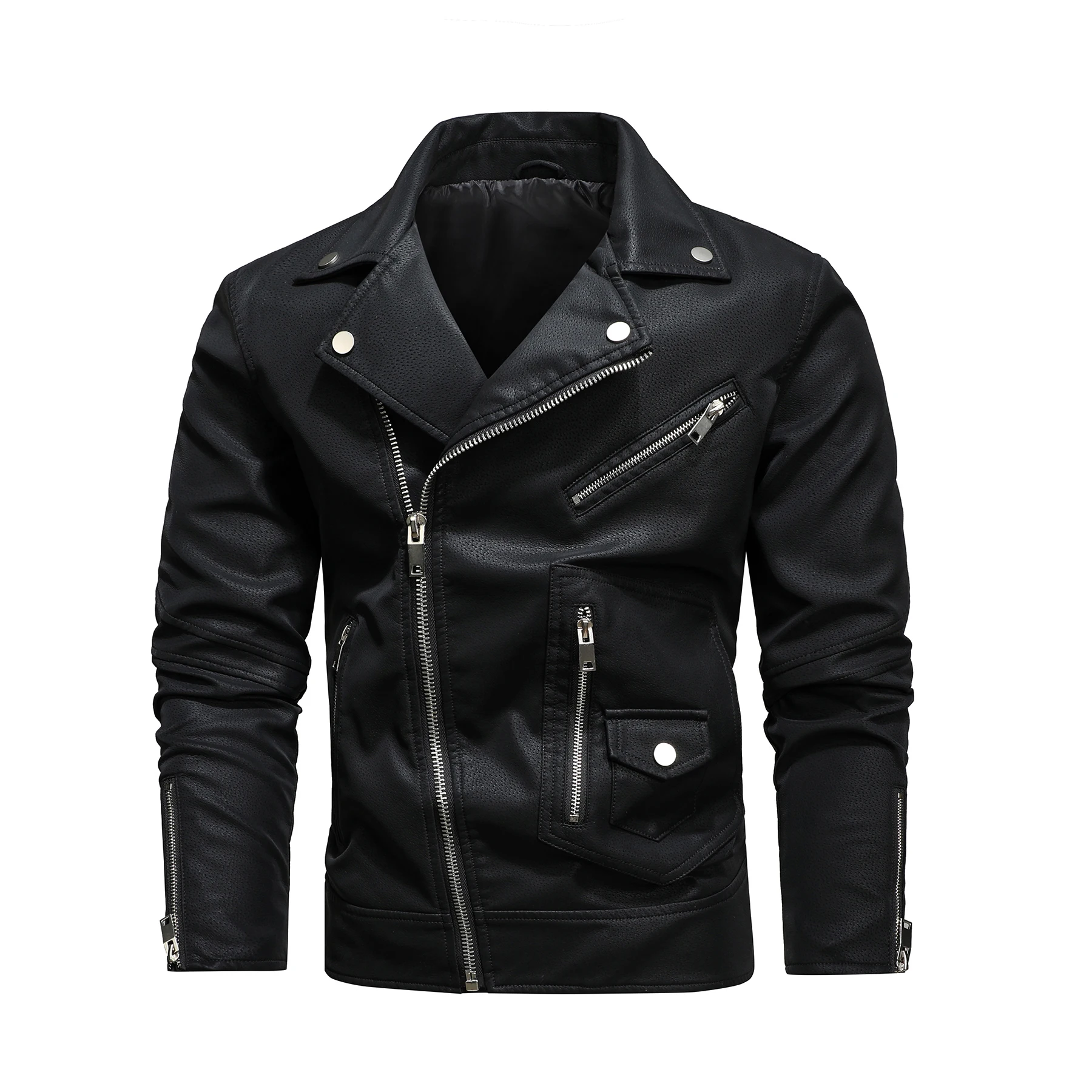 

Men's PU leather jacket diagonal zipper large lapel coat