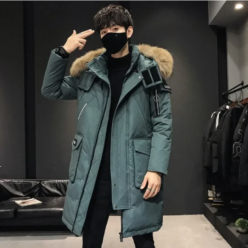 Winter men's medium length simple tooling large fur collar thick warm cold over the knee down jacket men winter jacket size 3XL