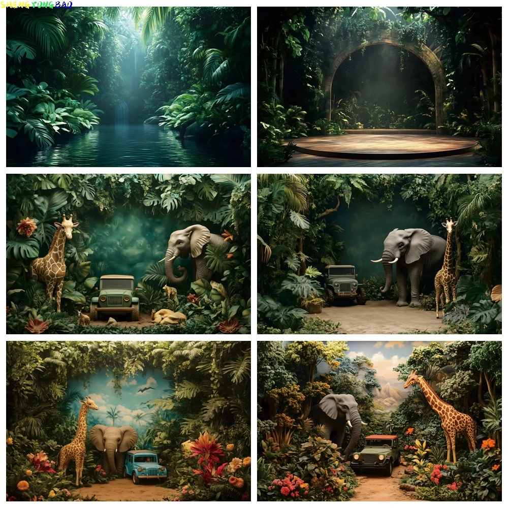 

Jungle Safari Baby Birthday Party Decor Backdrop Summer Tropical Green Leaves Grass Baby Shower Wild One Photography Background