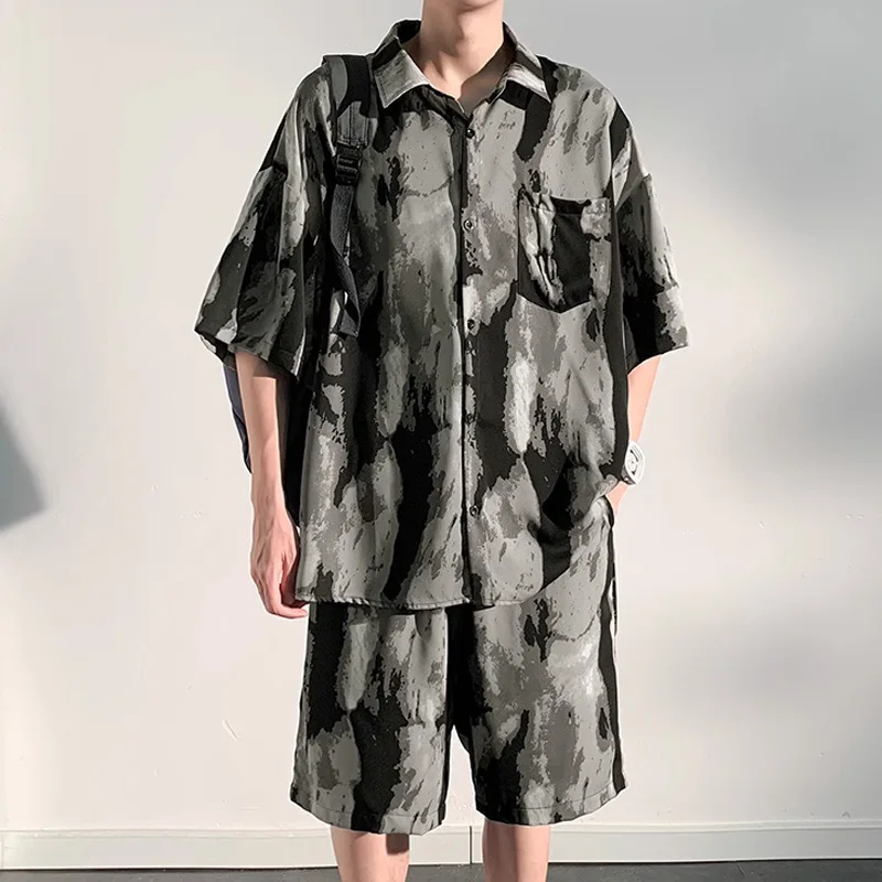 Fashion Youthful tie-dye watercolor Ink color 3D Print shirt +Shorts Short Sleeve Flip collar shirts half pants Two Piece Set