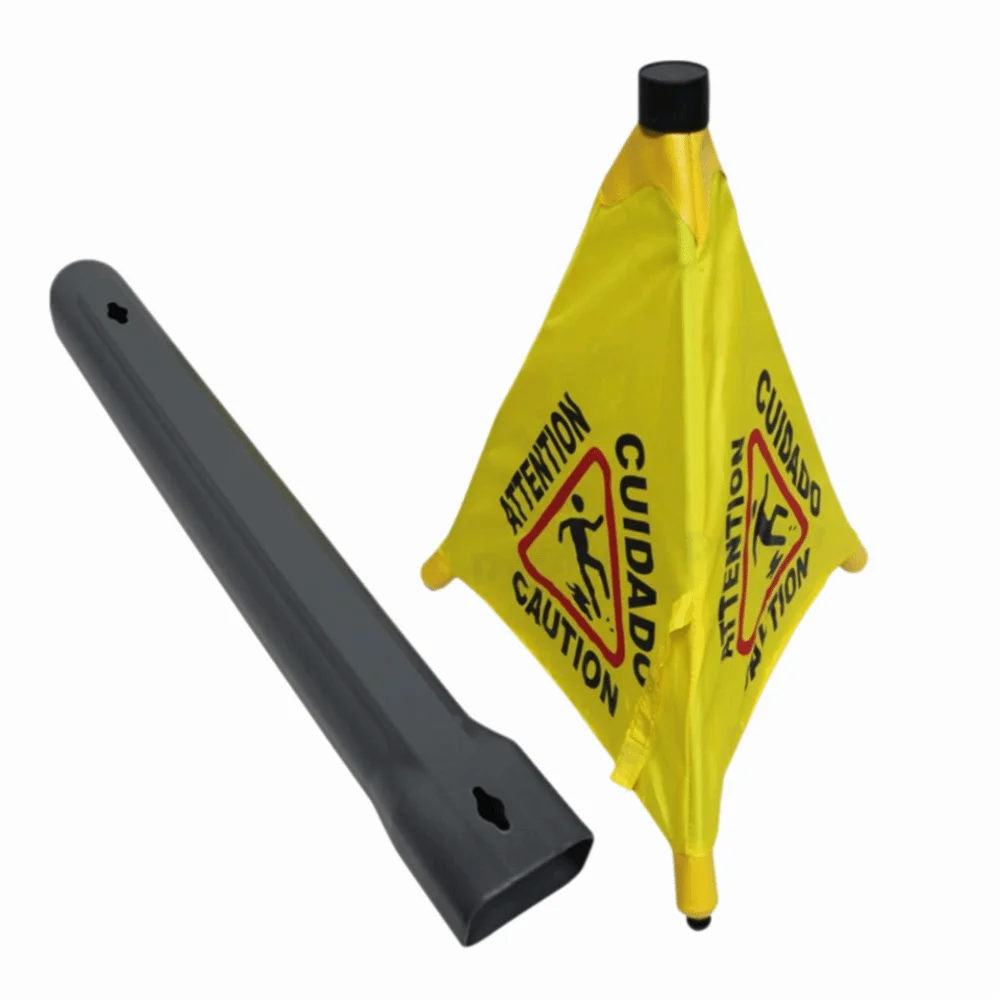 Triangular Cone-Shaped Caution Wet Floor Sign Wall Mounted Foldable Safety Warning Cone Multilingual Pop-Up Design