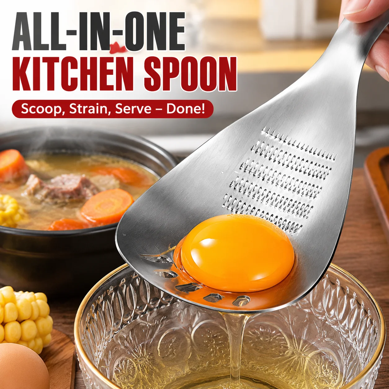 Stainless Steel Multifunctional Ginger Grater Spoon Egg White Separator Kitchen Cooking Gadget Food Masher Grater Tool