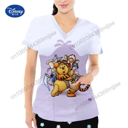 Disney print pattern double pocket V-neck comfortable women's T-shirt cute casual top Y2k style fashionable style nurse uniform