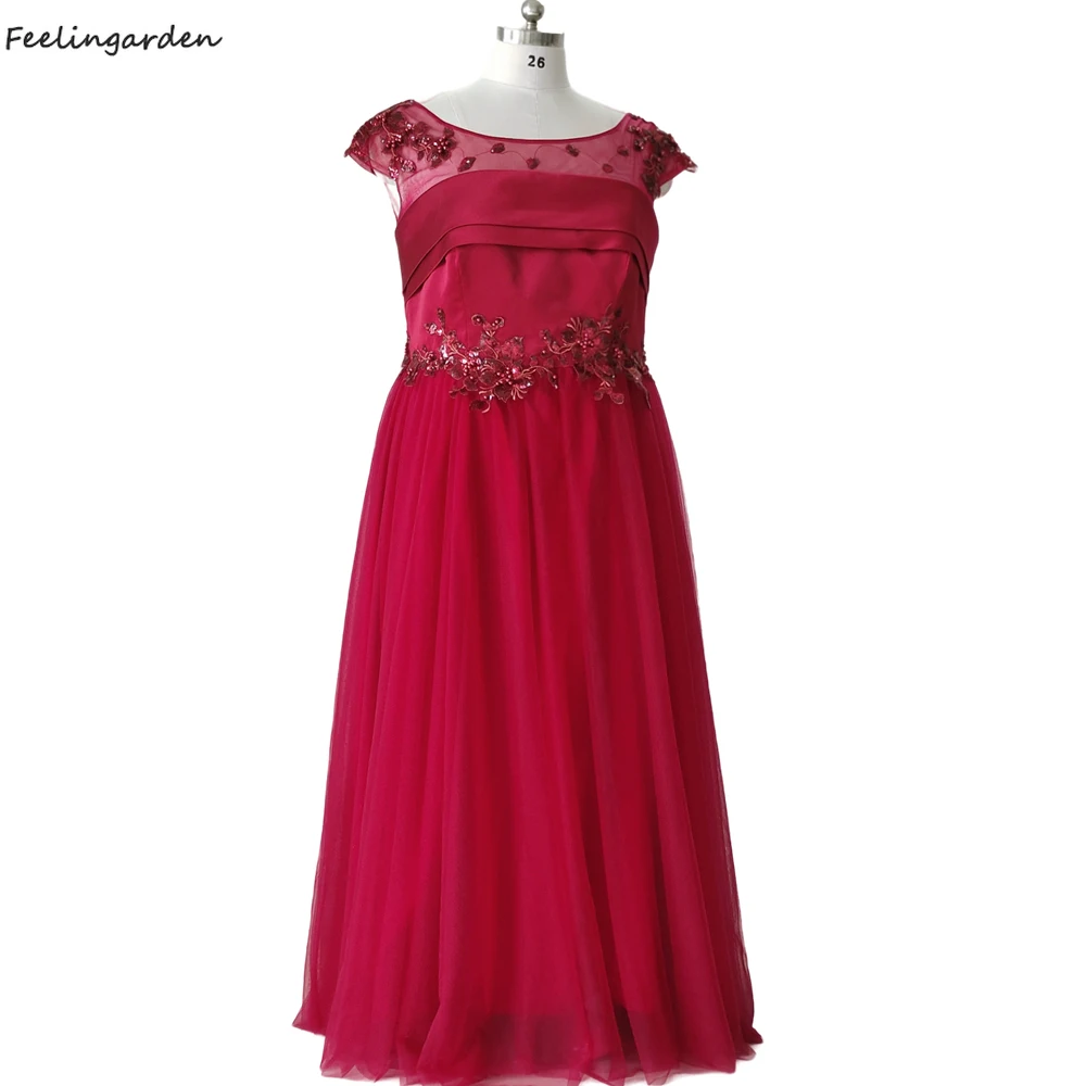 

Feelingarden Evening Dress Burgundy Short Sleeves O-Neck Appliques Floor-Length A-Line Plus size Women Formal Party Gown C1567