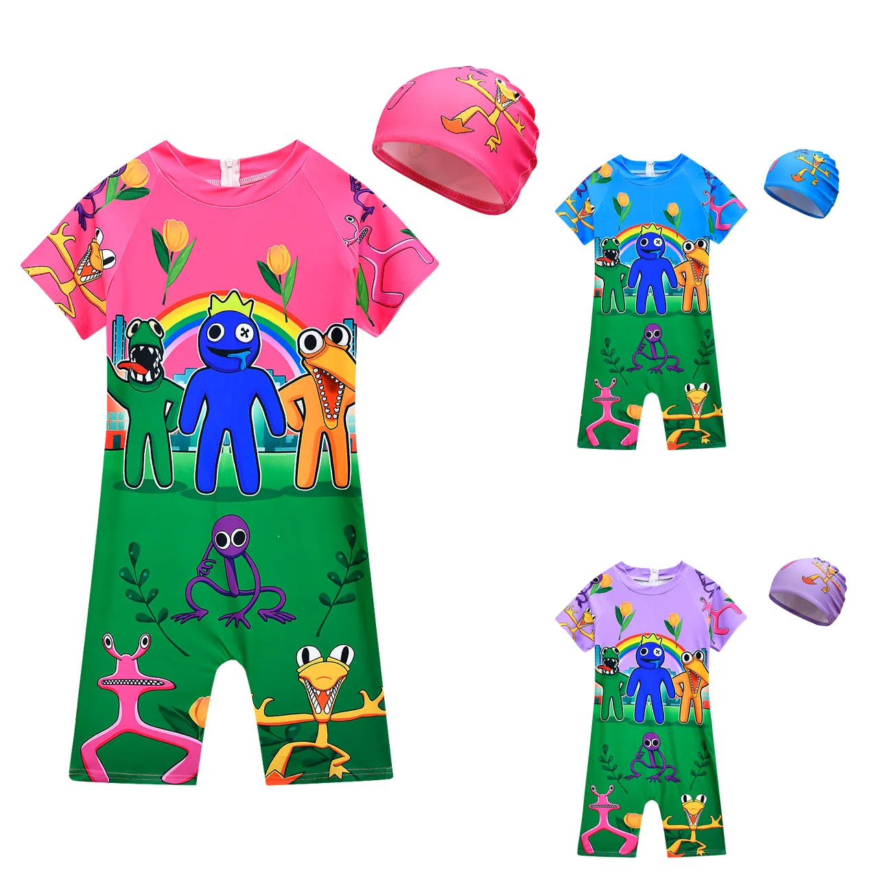 Kids Boys Rainbow Friends One Piece Swimsuit and Hats Sets Swimwear Cartoon Print Beachwear Children Fancy Holiday Bathing Suit