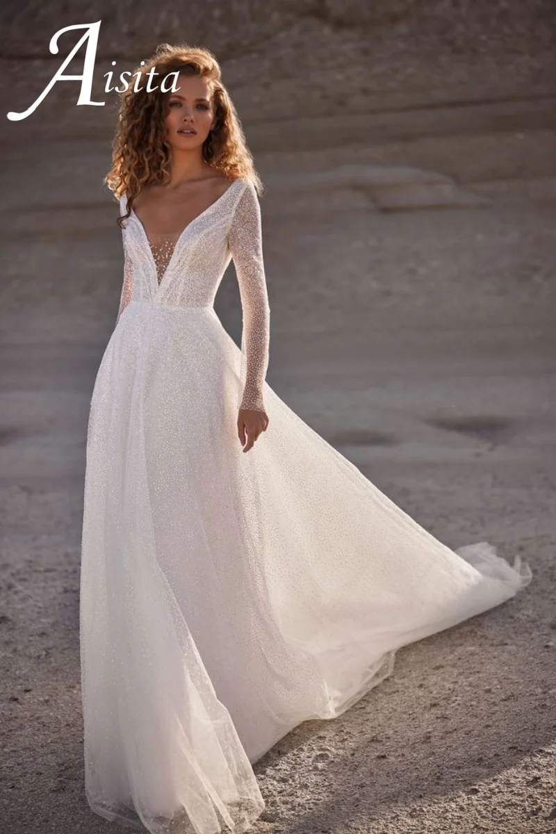 Luxuriöse Brautkleider, A-Linie, V-Ausschnitt, Ballkleid, Paillettenapplikation, Spitze, rückenfrei, lange Ärmel, Brautkleider, Ballkleid mit Schleppe