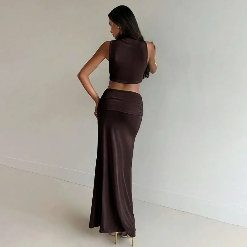 Chaxiaoa Elegant Banquet 2 Piece Set Women Sexy Bead Patchwork Turtleneck Tank Top+Ruched Mesh Hem Skirts Chic Party Clubwear