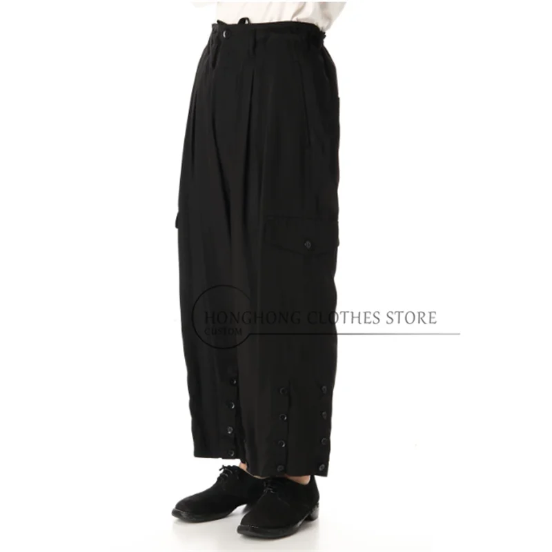 Japanese-style original design button-embroidered multi-pocket work pants, loose and casual long pants for men