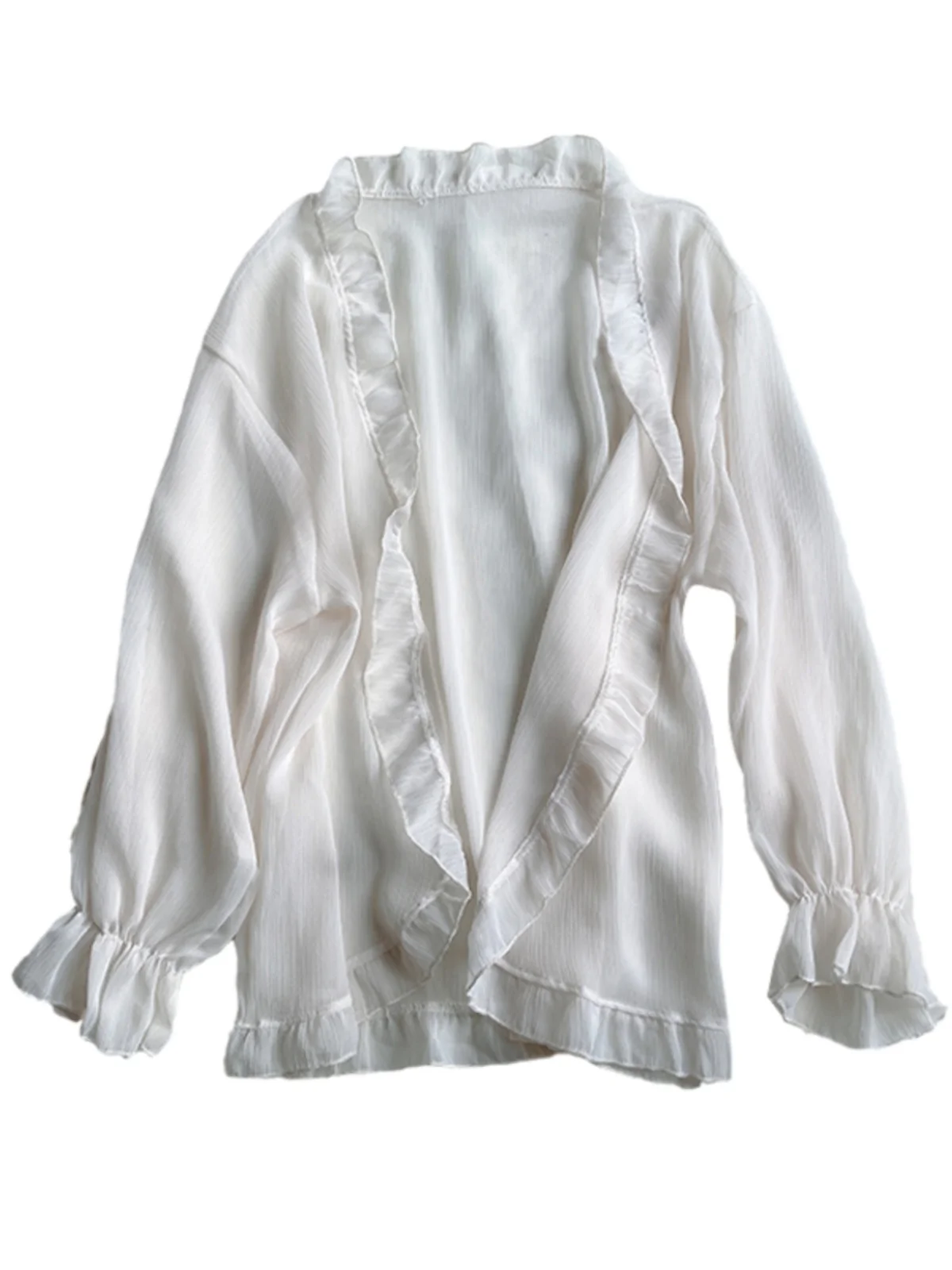 Ele Summer Thin Chiffon Top awl Women's Outerwear Sun Protection Korean Sle Bubble Sve V-ne Regular Length