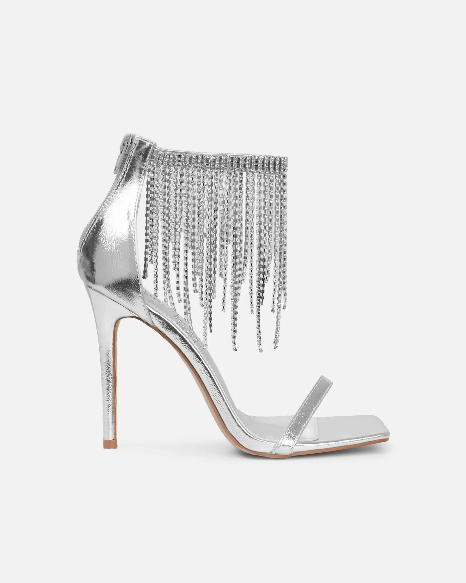 Metallic Silver Square Toe Heel Sandals Women Open Toe Rhinestone Tassel Ankle Cuff Stiletto Evening Prom Dress Shoes view 3
