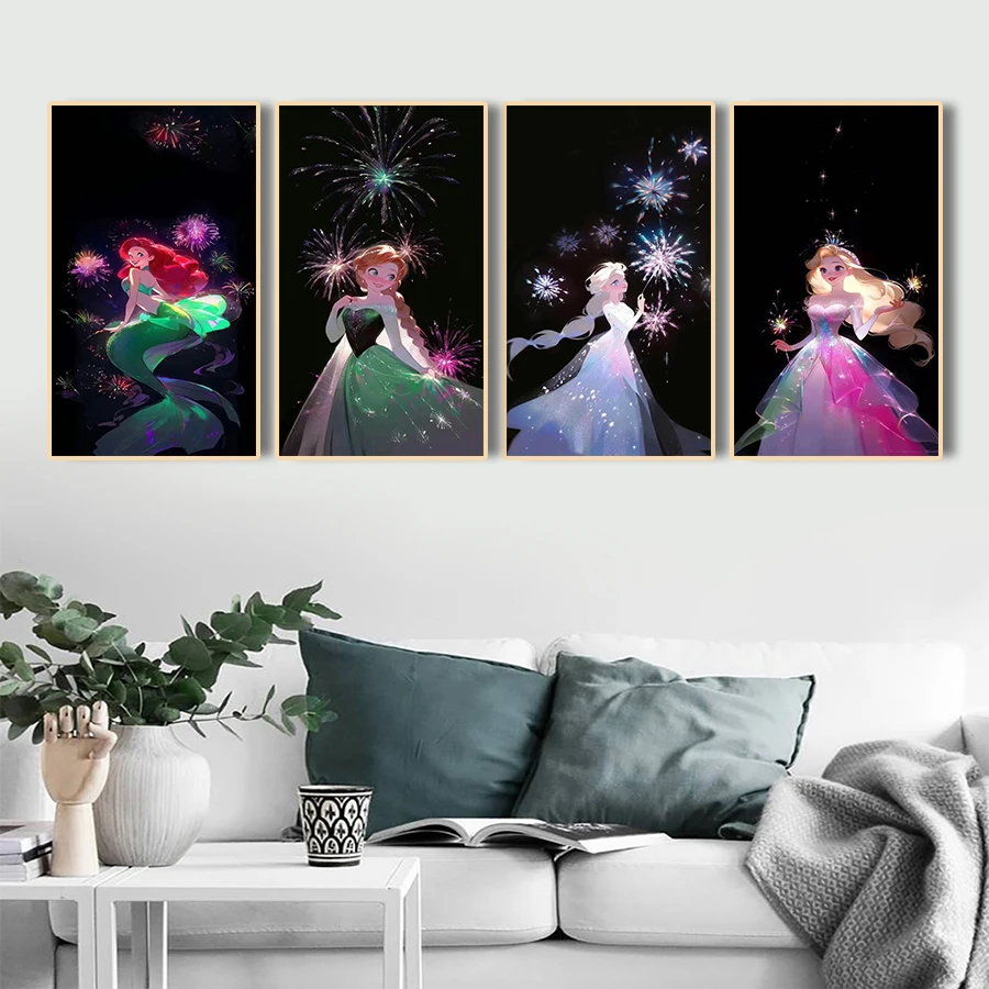 MINISO Cartoon Disney Princess Elsa Ariel Wall Art Poster Girl With Fireworks HD Canvas Painting Living Room Bedroom Home Decor