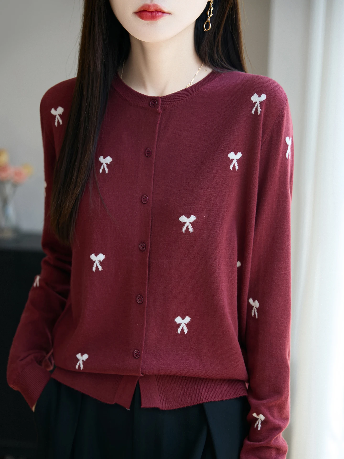 

Новый шикарный шерстяной кардиган, свитер с воротником, пуловер с длинными рукавами, топ с бантом, трикотаж, женский осенне-зимний топ, изысканное пальто для отдыха