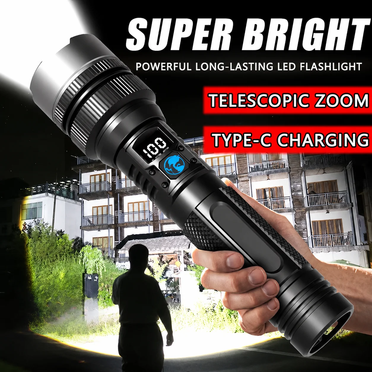 

Powerful LED Flashlight Type-C Rechargeable Zoomable Torch with Digital Display Handheld Flashlights Power Bank for Outdoor Use