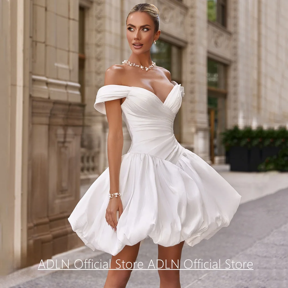Customized Short Wedding Dresses Fashion Off The Shoulder V Neck Pleat Puffy Skirt Ball Bridal Gown Vestido De Noiva