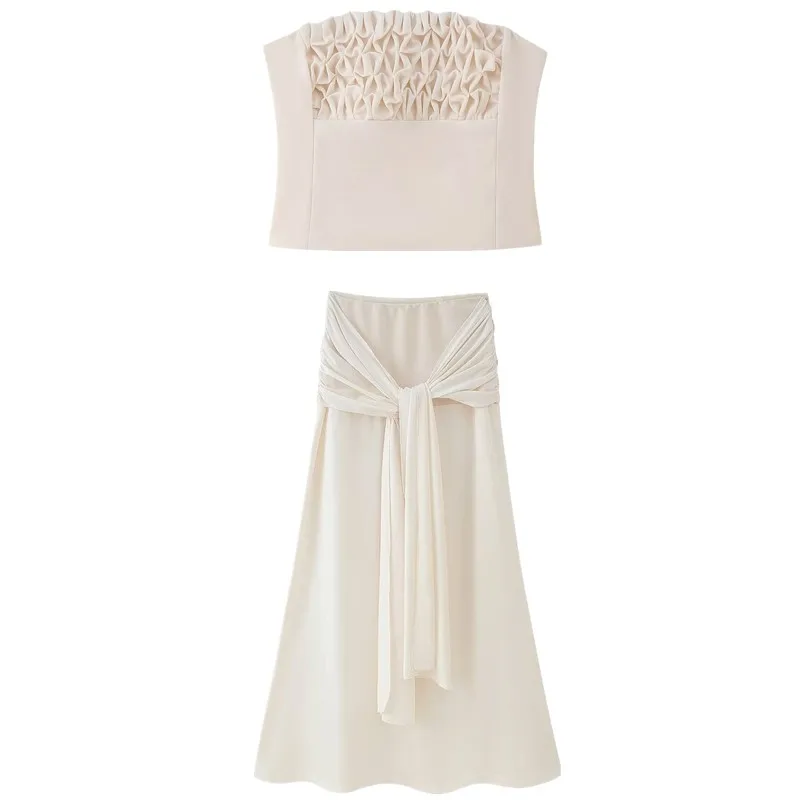 2025年夏 ミッドウエスト ホルターネック 花柄装飾 レディースファッションセット トップス ハーフスカート エレガントデザイン 若者向け