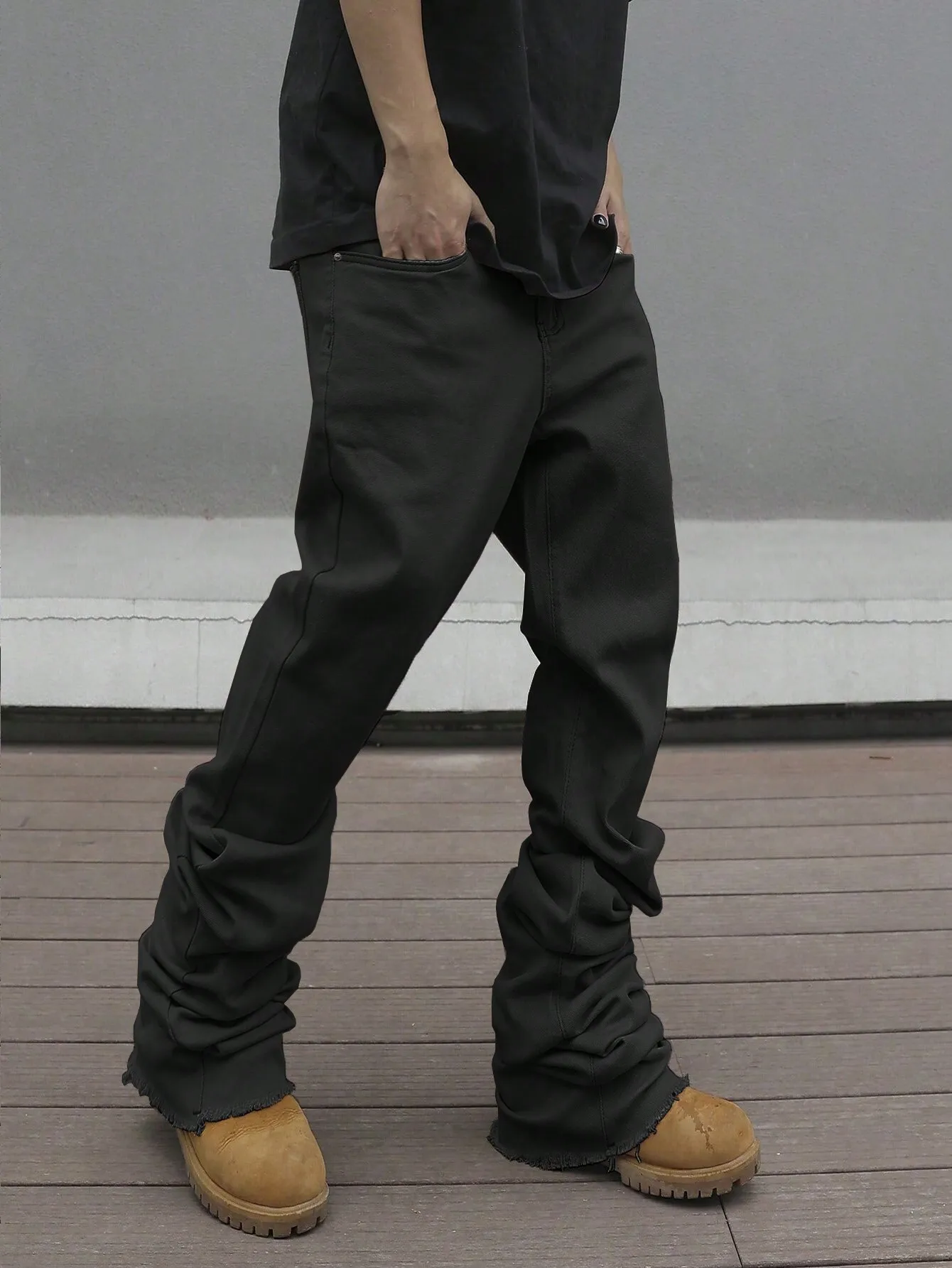 

Men's Black Solid Flared Casual Pants with Pleats and Distressed Hem