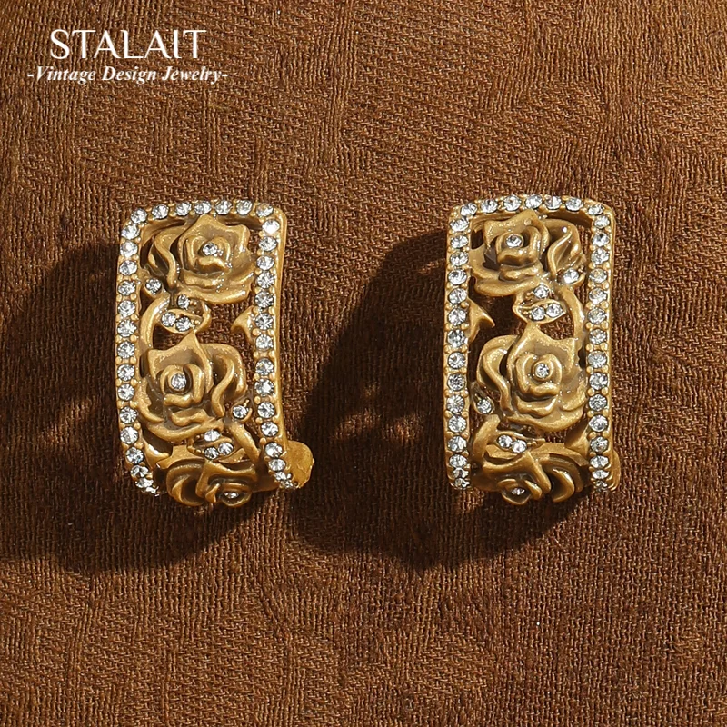 

Vintage Rose Flower Studs Earrings Hollow Antique Gold Color Luxury Dubai Jewelry Brand Accessories Wedding For Woman 2025 New