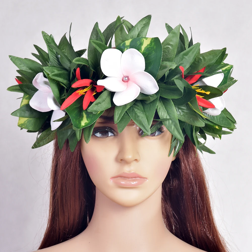 Artificial Flower Headband Hula Silk Plumeria with Shell Pearl Silk Leaves Headwear Hawiian Haku Hair Accessories