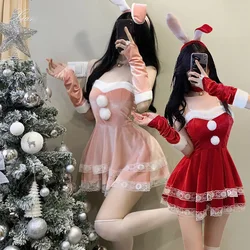 Christmas Red Santa Cosplay Costume Pink Bunny Sexy Uniform Canary Velvet Lace Skirt Headband Gloves Strapless Dress Suit