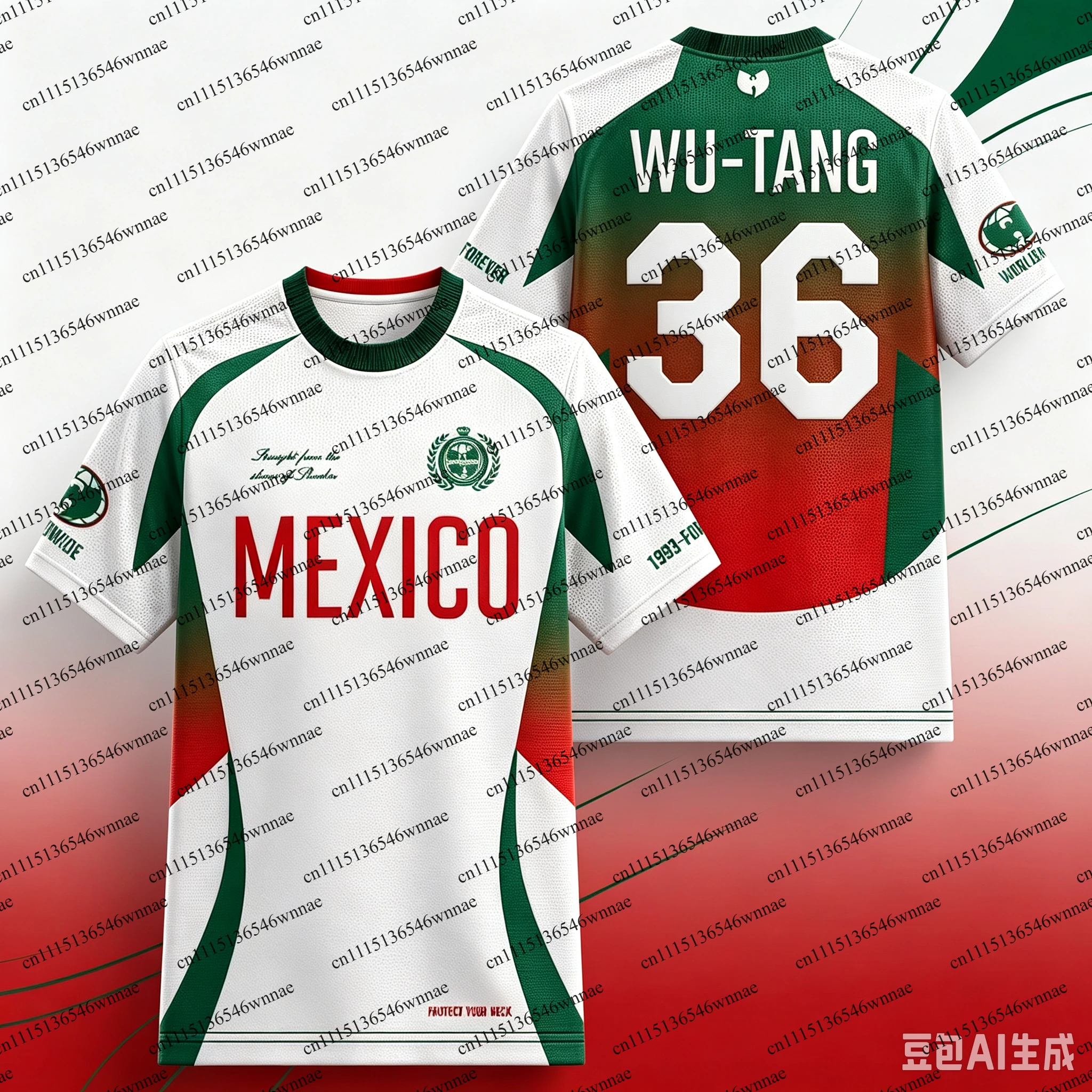 Mexico Soccer Jersey Wu-Tang Clan Hip Hop Band Print Short Sleeve Gradient Red Green 36 Number quick-dry tee