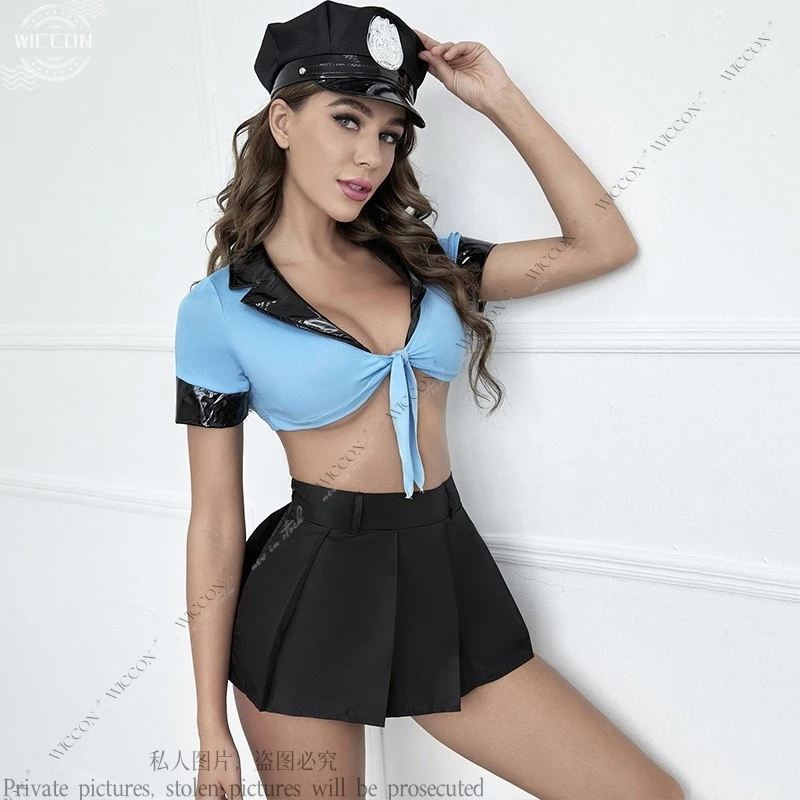 Flight Attendant Policewoman Uniform Seductive Sexy Slim-fit Role Play Performance Seductive Set Top+Skirt+Hat Halloween Party